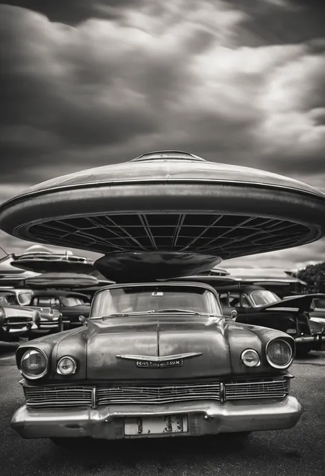 An old metal UFO is parked in a parking space with many cars parked neatly in the parking lot，Old photo grain，Blurry monochrome polaroid photo