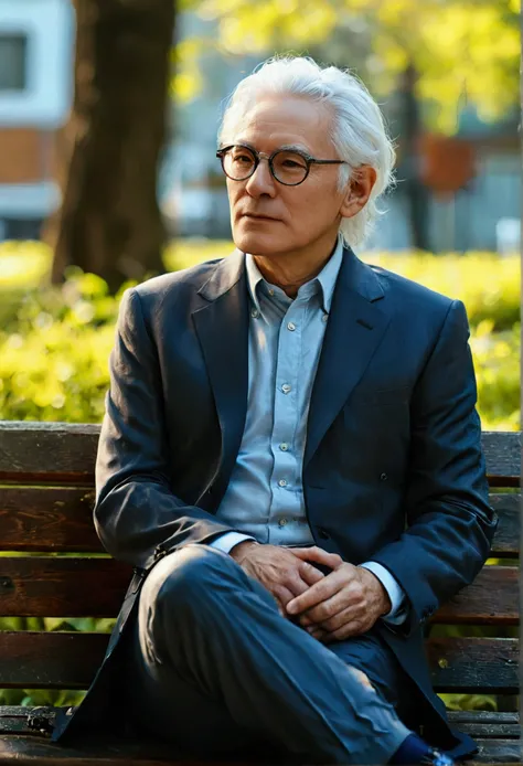 One wears a suit、White hair、Senior man with glasses sitting on a bench.