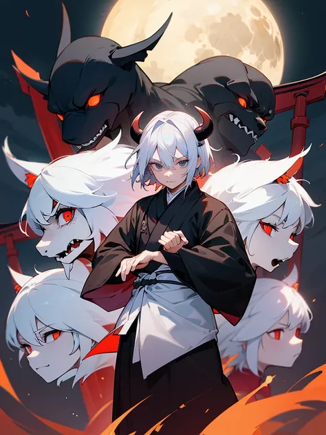 Expressionless, black eyes, white horns, short white hair, black ninja outfit, torii gate, male, full moon, fangs