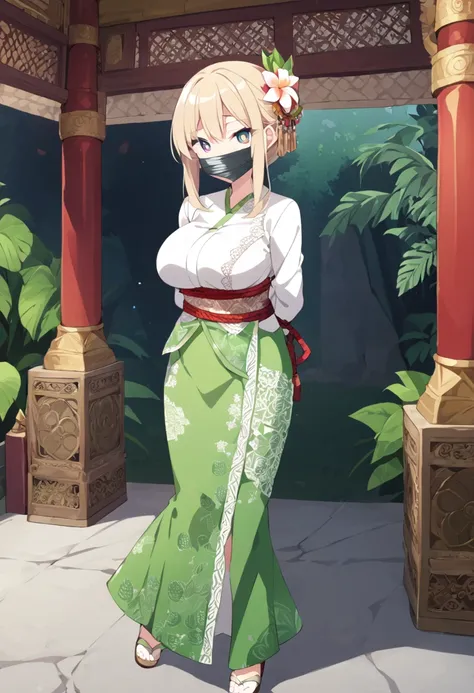 score_9, score_8_up, source_anime, 1girl, solo,The photo features a woman standing in traditional decorations. She is wearing traditional attire consisting of a light white kebaya with lace trim and a long green skirt with batik or songket patterns. The wo...