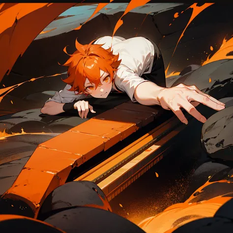 anime boy playing the piano over a rock floating in lava, cave, orange hair, orange eyes