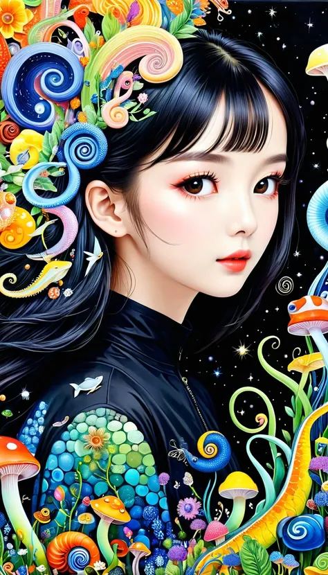 Three-dimensional painting。小女孩头上的snails房子，Artists from the stars，Colorful black，A world of color，Dopamine，mouth，A cloud、snails、iris、fish、Tentacles、bird、Eye、diatom，Abstract mosaic painting，Describing the inner world of autism，Sense of space，White Space，inte...