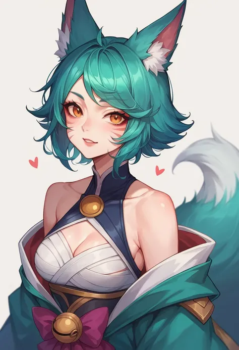 a closeup of a cartoon character with fox ears, fox girl, mikudayo, league of legends fox, anime moe art style, Cat Mimi, short hair, anime girl with teal hair