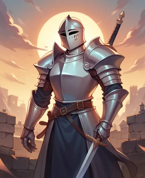 a knight with his sword at sunset