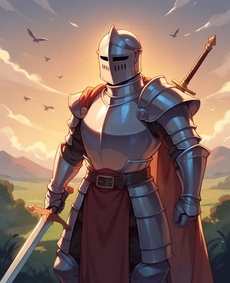 A knight with his sword at sunset