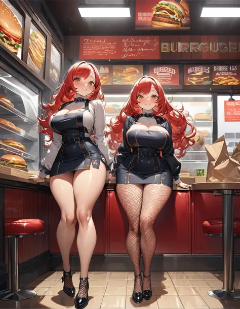 Young beautiful woman,(Highest quality,Extremely detailed depiction,Incredibly absurd high resolution,Anatomically accurate depiction,Curvy Legs,SFW),(Glowing Skin,Shiny skin),セクシーなBurger Shopの店員,Burger Shopの制服,Burger Shopの帽子,Burger Shopで接客中,paper bag,Ther...