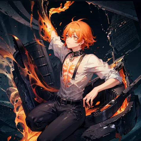 anime boy playing the piano over a rock floating in lava, cave, orange hair, orange eyes