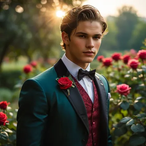 create an image of a young man inspired by the characteristics of the rose 'the prince.' he standing with a relaxed yet confiden...