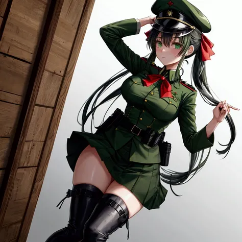 a alone woman, green military uniform, officer&#39;s hat with red ribbon and green body, big breasts, black skirt, White socks, black tactical boots