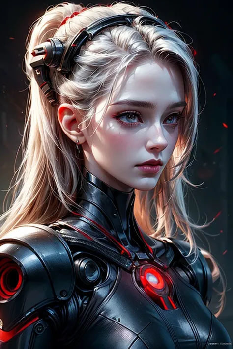 a closeup of a woman with red eyes and a white head, 4K highly detailed digital art, detailed fantasy digital art, portrait of a cyborg queen, beautiful cyborg priestess, cybernetic demon dreams, awesome digital art with details, beautiful biomechanical ge...