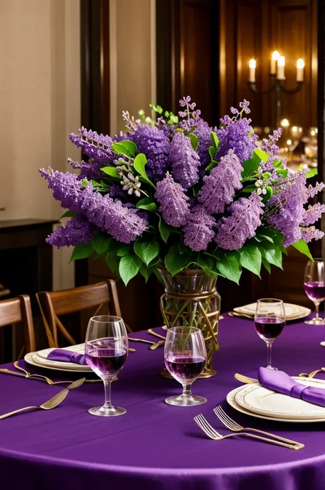 Real image of elegant dinner for two people with a table decorated with purple flowers, purple, lilacs and a purple tablecloth. With two glasses of fruity and expensive red wine 