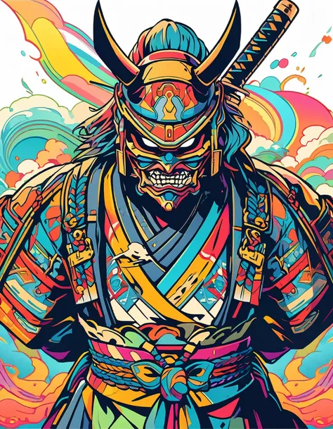 ((samurai)) design artwork, flat design of a retro vintage, colorful tones, highly detailed clean, vector image, perfect composition, isolated on white background 