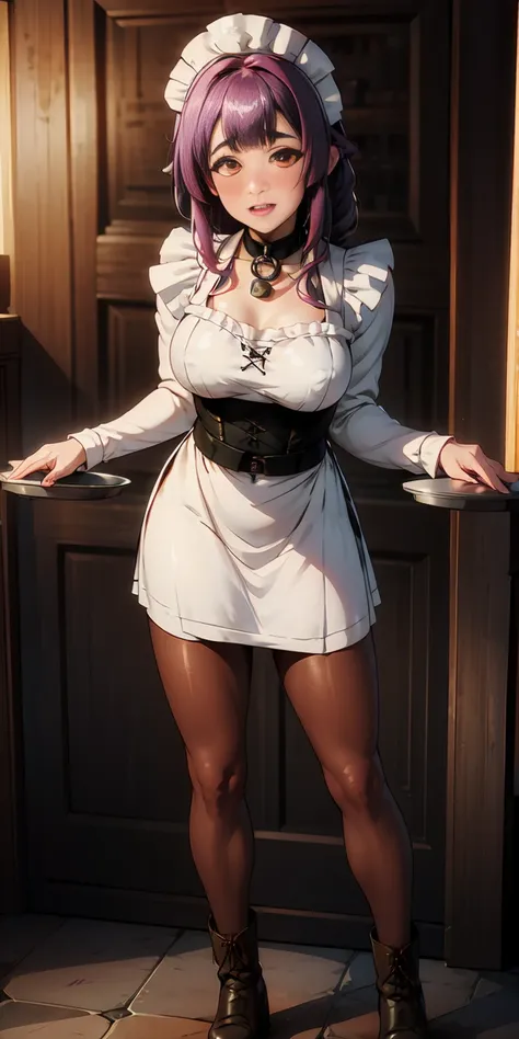 full body standing straight symmetrical, lustful smirking smile face red blush red cheeks, looking at viewer, holding tray, braid, maid headdress, maid, dress, apron, long sleeves, brown pantyhose, long leather militar boots, thighs, long white hair, maste...