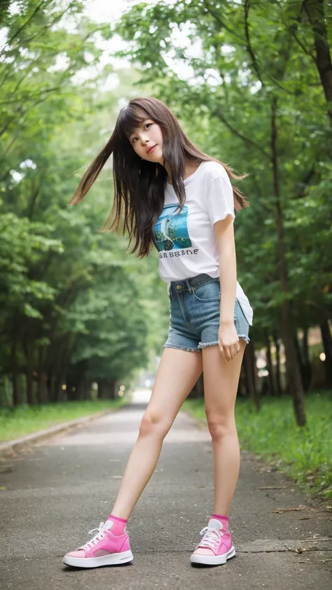 (top-quality、16K resolution) 1 girl、solo、natural soft light、Looking at the camera、sexy  T-shirt、Concrete background、Facing the front、is walking、long hair、Woman in her late teens、Light bangs、short-hair、Salon model、Natural look、portlate、floated hair、Rolled h...