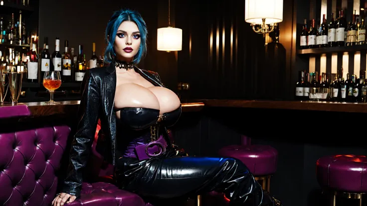 jinx, blue hair, blue leahter corset, black jacket, big breast, blakc tight leahter Trousers, purple belt, black long high heels boots, sitting in bar