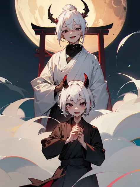 Buddha, black eyes, white horns, short white hair, black clothes, torii gate, man, full moon, fangs