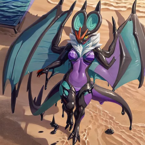 female, solo, anthro noivern, beach, natural breasts, digitigrade, looking at viewer, detailed full body picture, wearing bikini...