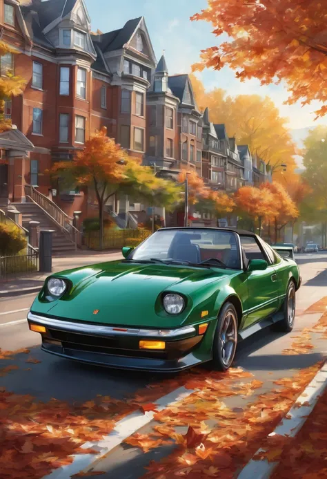 Create a detailed and realistic illustration of a high-performance sports car parked on a city street. The car should have a sleek, glossy finish and reflect the bright, warm sunlight. The background includes city buildings and trees, bathed in sunlight, w...