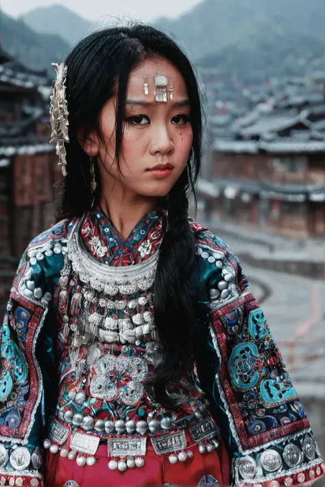 meowz,hmong,one girl,innocent,6 years old,blurred background,blurred,dress,alone focus,have,are standing,long sleeve,traditional...