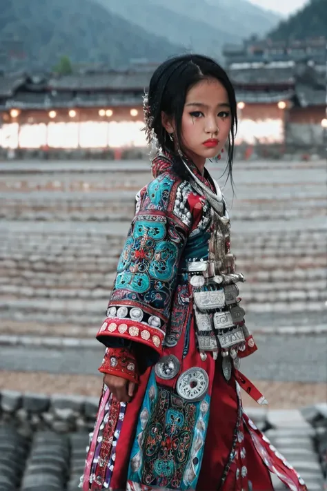 meowz,hmong,one girl,innocent,6 years old,blurred background,blurred,dress,alone focus,have,are standing,long sleeve,traditional...