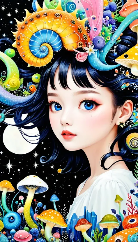 Three-dimensional painting。小女孩头上的snails房子，Spiky hair，Artists from the stars，Colorful black，A world of color，Dopamine，mouth，A cloud、snails、iris、fish、Tentacles、bird、Eye、diatom，Abstract mosaic painting，Describing the inner world of autism，Sense of space，White...