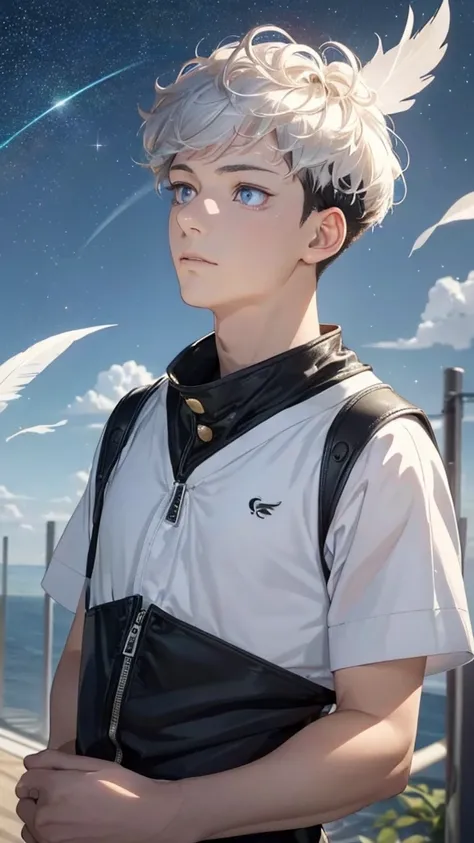 (BOY (student, 15 years old, JK, short flowing silver hair, cosmic colored eyes, black , pale skin, tired face with no sparkle in the eyes) is looking at the sky), (with falling wing feathers), beautiful sky, beautiful clouds, colorful summer flowers bloom...