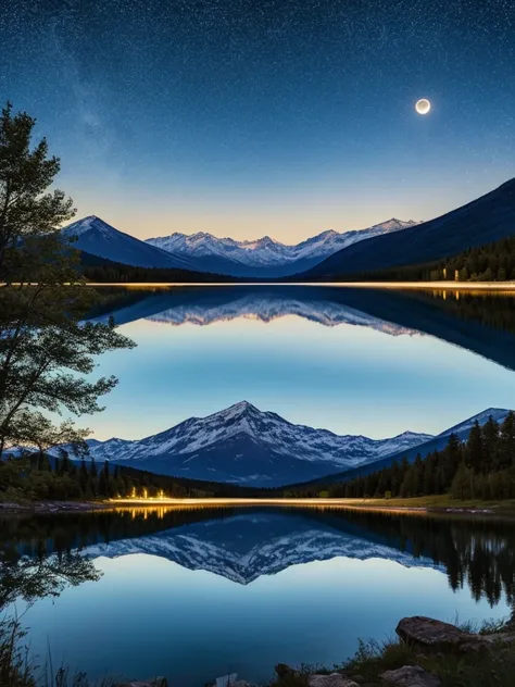 A very starry night. Huge moon behind the mountains. A quiet lake reflecting the night. Realistic Scene, detailed, Photorealism, 8K