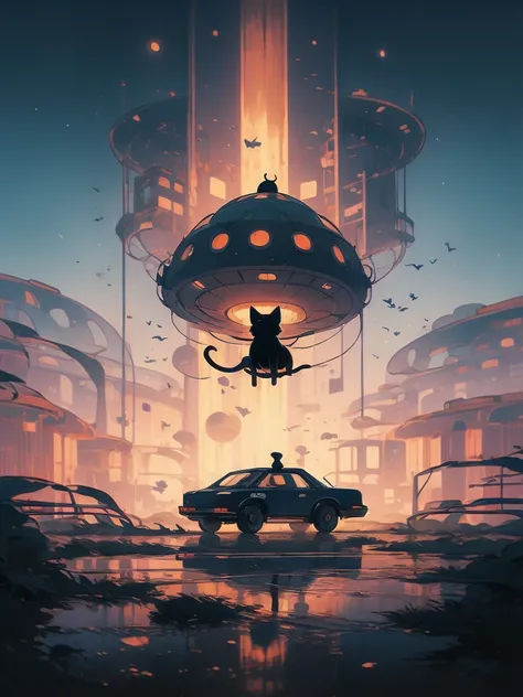 illustration of a cat flying through the sky with a spaceship in the background, cat summoning a spaceship, cat summons a spaceship, extraterrestrials reach for him, surreal flat colors, by Victor Mosquera, lofi art, space ship in the distance, alien abduc...