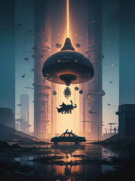 illustration of a cat flying through the sky with a spaceship in the background, cat summoning a spaceship, cat summons a spaceship, extraterrestrials reach for him, surreal flat colors, by Victor Mosquera, lofi art, space ship in the distance, alien abduc...