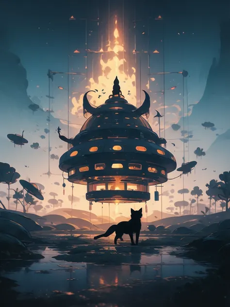 illustration of a cat flying through the sky with a spaceship in the background, cat summoning a spaceship, cat summons a spaceship, extraterrestrials reach for him, surreal flat colors, by Victor Mosquera, lofi art, space ship in the distance, alien abduc...