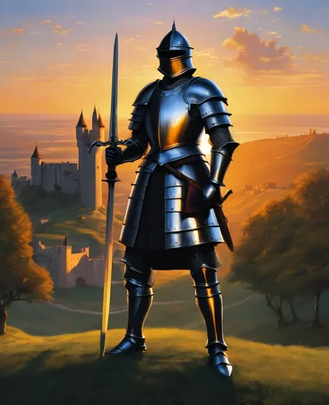 A knight with his sword at sunset, a castle in the background