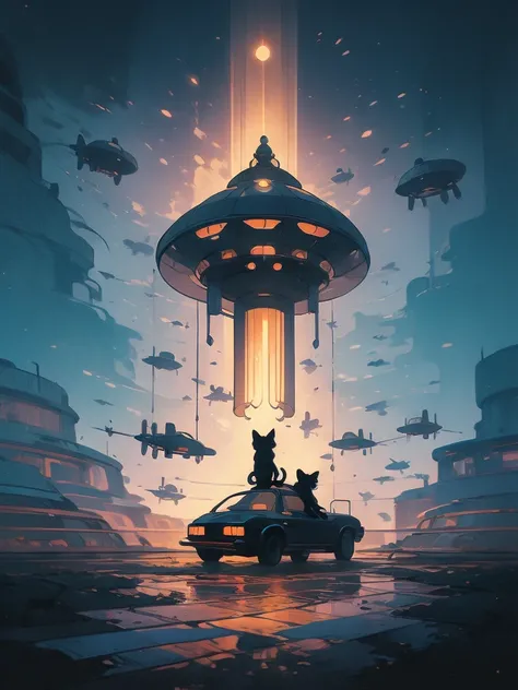 illustration of a cat flying through the sky with a spaceship in the background, cat summoning a spaceship, cat summons a spaceship, extraterrestrials reach for him, surreal flat colors, by Victor Mosquera, lofi art, space ship in the distance, alien abduc...