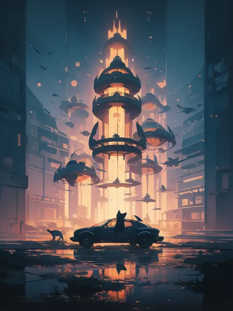 illustration of a cat flying through the sky with a spaceship in the background, cat summoning a spaceship, cat summons a spaceship, extraterrestrials reach for him, surreal flat colors, by Victor Mosquera, lofi art, space ship in the distance, alien abduc...