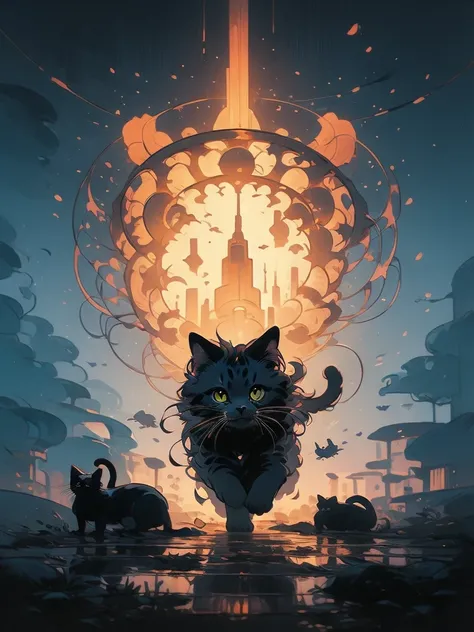 illustration of a cat flying through the sky with a spaceship in the background, concept art by Victor Mosquera, tumblr, conceptual art, cat summoning a spaceship, cat summons a spaceship, extraterrestrials reach for him, surreal flat colors, lofi art, spa...