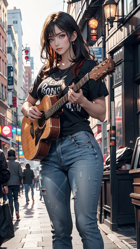 24-year-old female、Black Hair、Iris、Shortcuts、Curly hair ends、Street performance in downtown、Guitar playing、T-shirt with hard rock band logo printed on it、Skinny jeans、sneakers