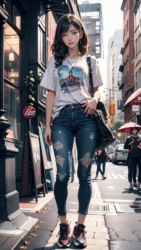 24-year-old female、Black Hair、Iris、Shortcuts、Curly hair ends、Street performance in downtown、Guitar playing、T-shirt with hard rock band logo printed on it、Skinny jeans、sneakers