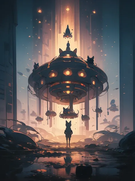 illustration of a cat flying through the sky with a spaceship in the background, concept art by Victor Mosquera, tumblr, conceptual art, cat summoning a spaceship, cat summons a spaceship, extraterrestrials reach for him, surreal flat colors, lofi art, spa...