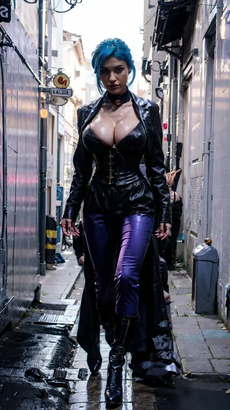 jinx, blue hair, blue leahter corset, black jacket, big breast, blakc tight leahter Trousers, purple belt, black long high heels boots,walking in a Street Alley