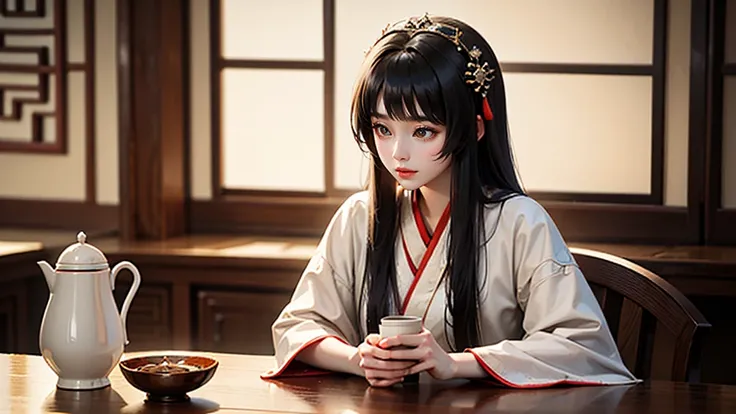 a close up of a woman sitting at a table with a cup of coffee, palace ， a girl in hanfu, a young woman as genghis khan, beautiful oriental woman, chinese woman, chinese girl, chinese princess, an asian woman, a young asian woman, ancient chinese princess, ...