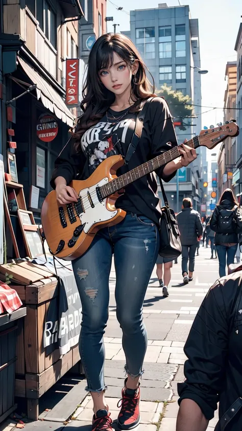 24-year-old female、Black Hair、Iris、Shortcuts、Curly hair ends、Street performance in downtown、Guitar playing、T-shirt with hard rock band logo printed on it、Skinny jeans、sneakers