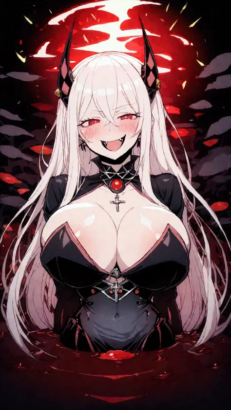 girl, (huge breasts size 128 cm), (narrow waist), Powerful woman, White hair, big butt size 130, beautiful face, fine features, Red eyes, SMILE, evil, psychopath, mileena costume, black suit, coming out of a river of blood, risa alegre evil, fangs, dark jo...