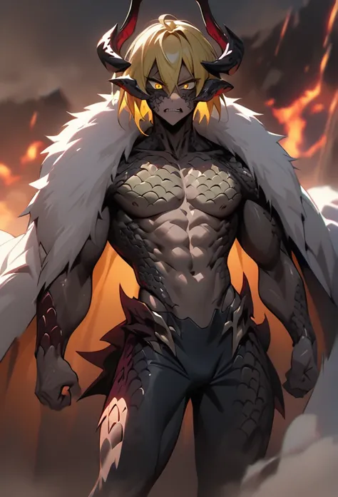 (High resolution, best quality, masterpiece), detailed, ultra detail, 1male, physically fit, muscular body, fierce expression, yellow eyes, (detailed eyes), yellow hair, short length hair, full body, ((dragon horns)), ((face: dragon scales)), face covered ...