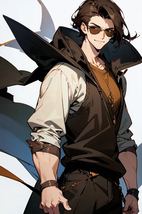 ((illustration)), (best quality)), ((masterpiece)), (detailed), ((white background)), teenage, boy, dark hair, brown eyes, muscular, shirt, black hoodie, sunglass, smirking, solo, gauntlet, day, stylish, slick hair,