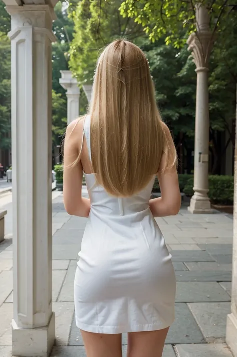 ((Best Quality)), ((Masterpiece)), (detailed), Perfect face, Blonde, long hair and slim with a sexy white dress outside, full body in new york, posing from behind, (((face not visible)))