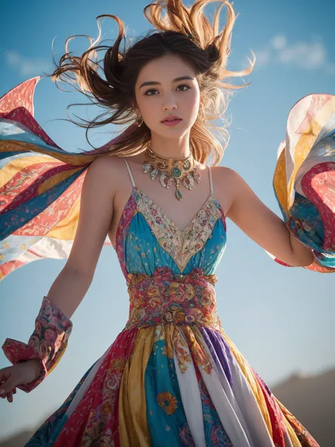 A whimsical dance unfolds against a crisp white backdrop, as a multicolored harlequin womans upper body twirls in vibrant splendor. Her dress, a tapestry of swirling patterns, playful textures, and wispy cloud-like fabrics, radiates with kaleidoscopic colo...