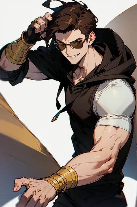 ((illustration)), (best quality)), ((masterpiece)), (detailed), ((white background)), teenage, boy, dark hair, brown eyes, muscular, shirt, black hoodie, sunglass, smirking, solo, gauntlet, day, stylish, slick hair, modern,