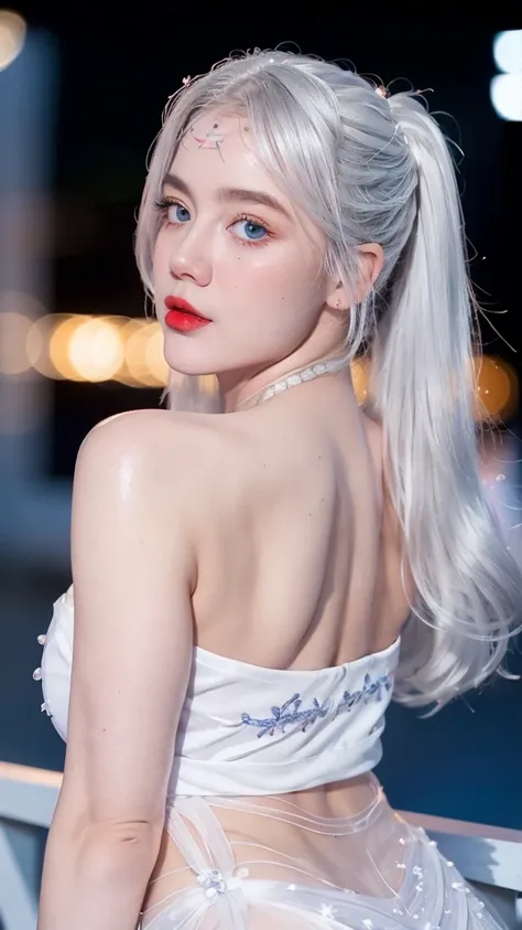 Georgeous, Beautiful, Cute, Baby Face, 18 Years Old, White Skin, red lipstick, sensual Lipstick, Sensational Make up, Cleavage, ((Large Colossal Breast:1.3)), Sleeveless, Off Shoulder, Strapless, ((Transparent:1.3)), ((White Long Lolita Dress)), (Embroider...