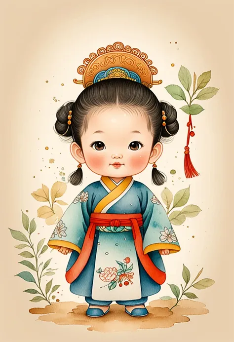 hand-drawn watercolor illustration, from the tang dynasty in china, 3 years old, cute, cute, simple, pencil line drawing