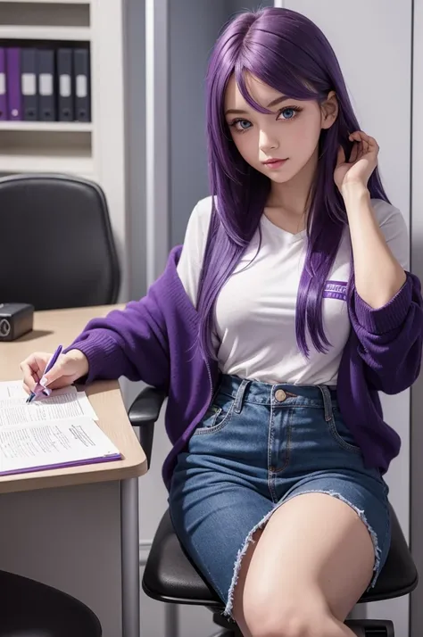 A purple haired girl with bright blue eyes dressed in a casual stylish outfit in an office studying.