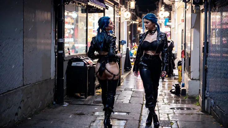 jinx, blue hair, blue leahter corset, black jacket, big breast, blakc tight leahter Trousers, purple belt, black long high heels boots,walking in a Street Alley